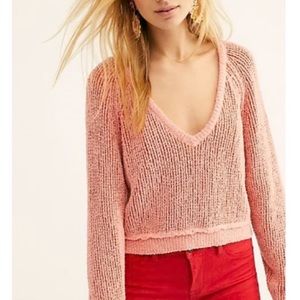 Free People High Low V Textured Slouchy Sweater Hot Tropics Cropped Pink size XS